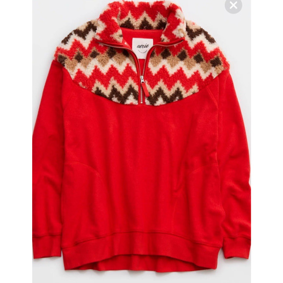 Aerie Hometown Holiday Quarter Zip Sweatshirt Red Sherpa Tribal XXL NWT - Picture 2 of 9